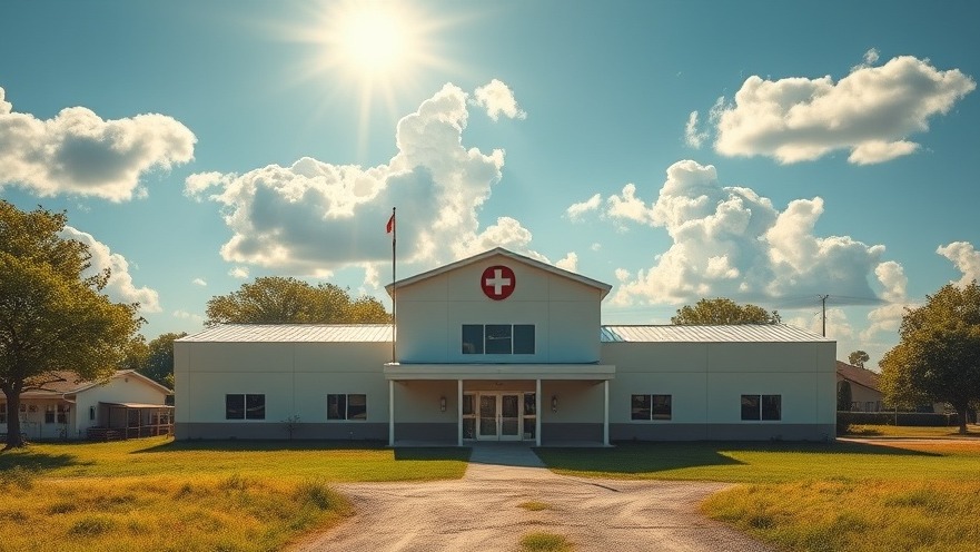 Medium community hospital in a rural area highlighting health disparities under sunny skies.