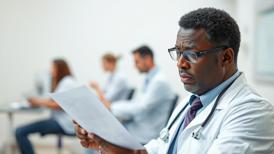 Middle-aged black male doctor struggles with medical exam, highlighting healthcare access issues.
