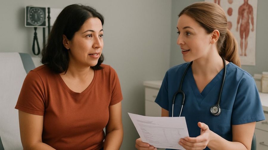 Hispanic woman discussing HPV vaccination and cervical screening importance with nurse.