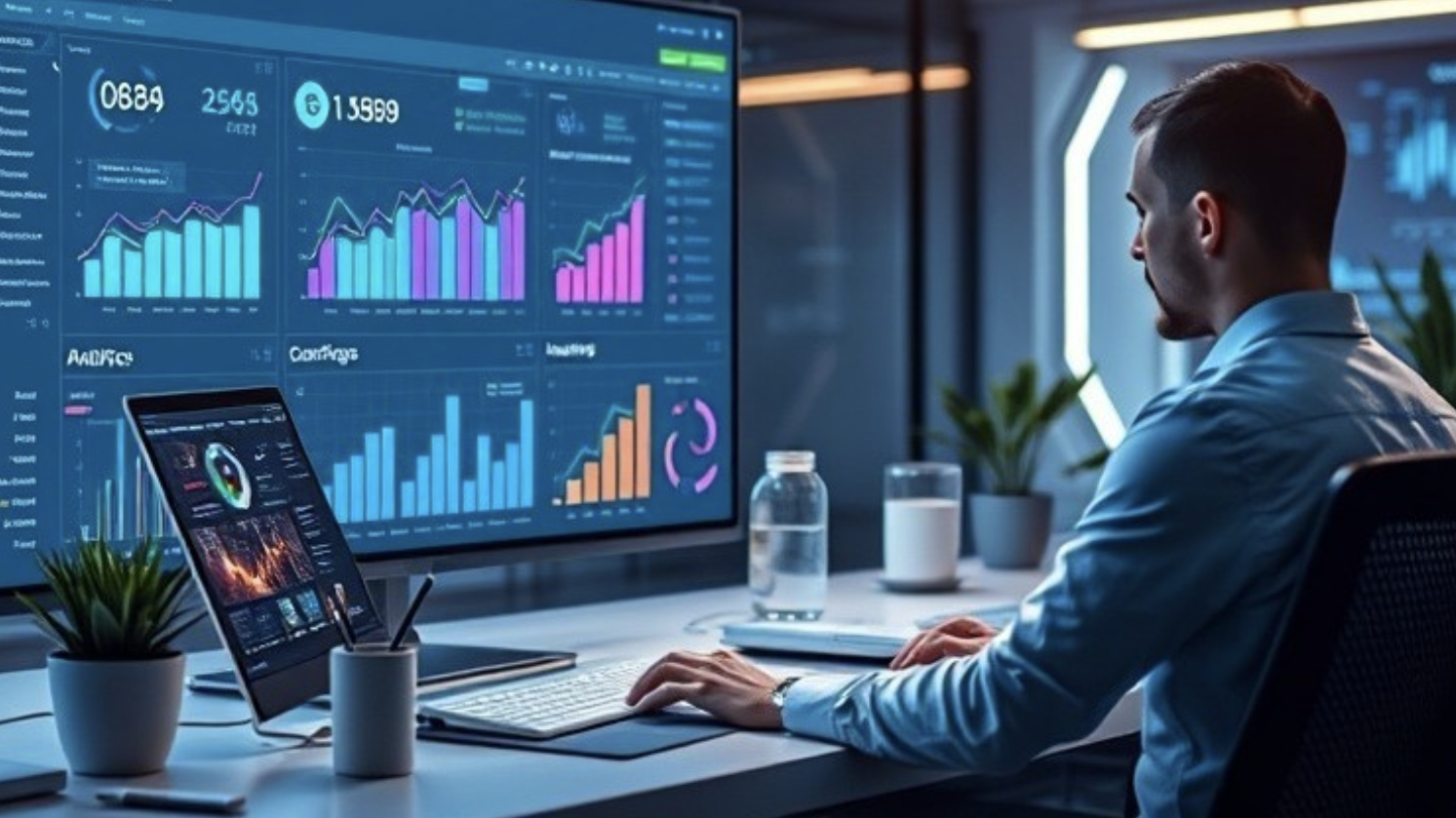 content creation tips - vibrant home workspace with a focused content creator, smiling at laptop in a bright office with creative tools