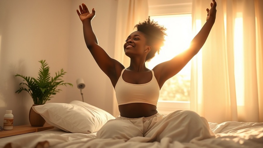 Fit middle-aged black woman rising in bed, embracing neuroscience health tips for optimal wellness.
