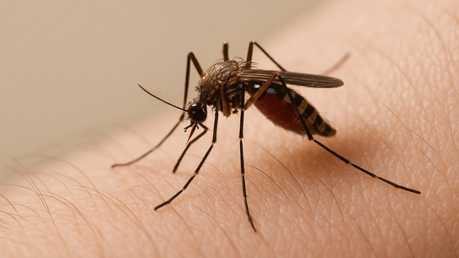 Close-up of a mosquito on a man's arm highlighting EEE prevention and public health awareness