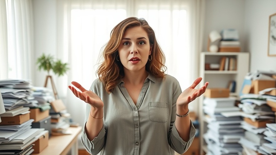 Overwhelmed woman in a bright, cluttered home office exploring productivity tips.