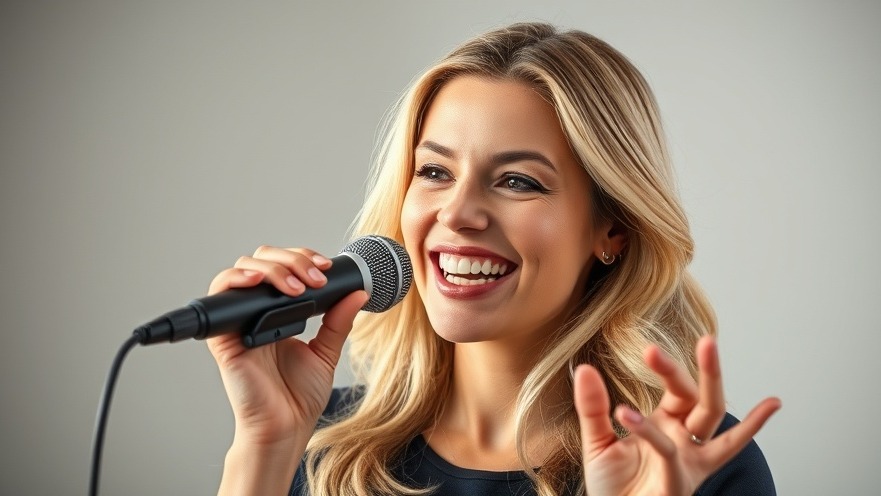 Blonde woman engaging with microphone, promoting health literacy and informed health decisions.