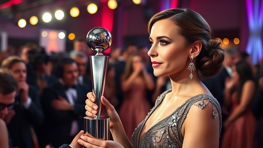 Elegant woman at a red carpet event, showcasing wellness and motivation with her award.