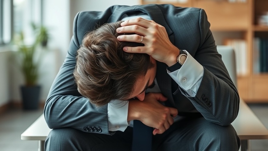 Stressed businessman showing need for workplace wellness and mental health support.