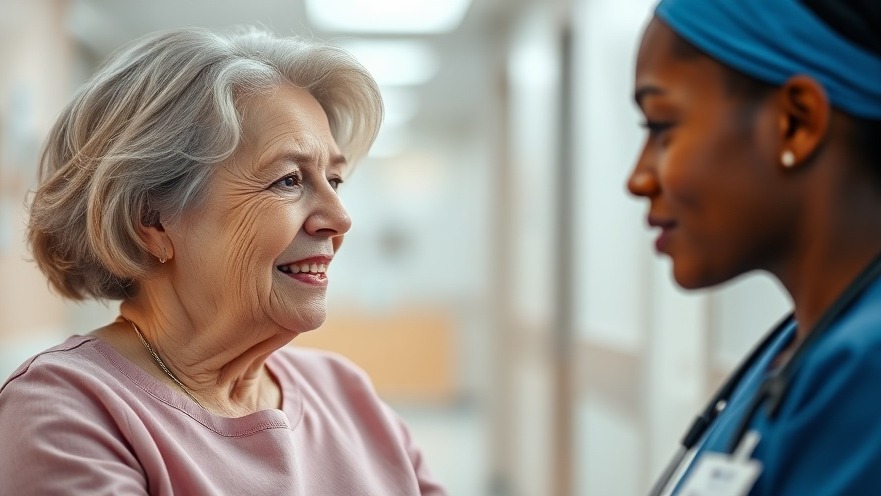 Middle-aged woman discussing HNSCC treatment with a nurse, highlighting cancer immunotherapy benefits.