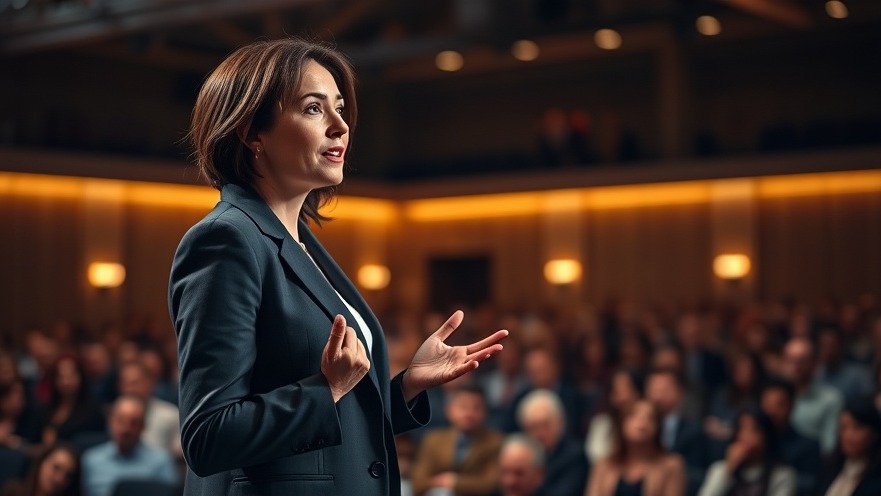 Confident young female speaker at a healthcare conference discussing mental health in medicine.