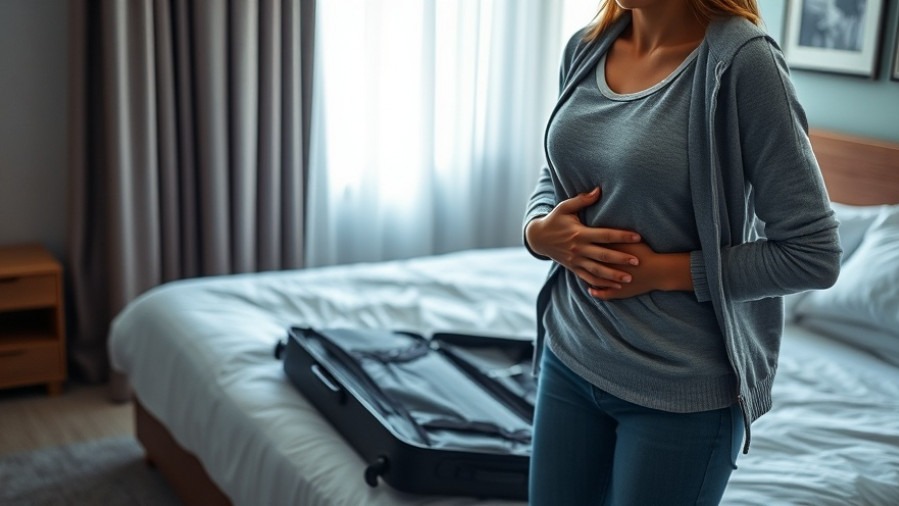 Young woman in hotel room suffering stomach pain, highlighting travel digestive health tips.
