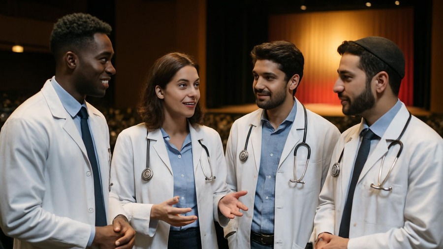 International medical graduates discussing careers in the U.K. healthcare system.