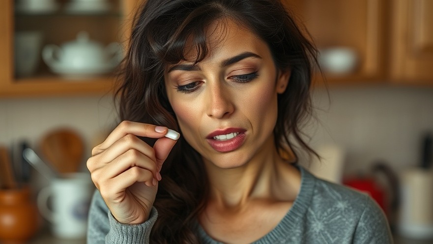 Woman in kitchen about to take a pill, embodying a health lifestyle.