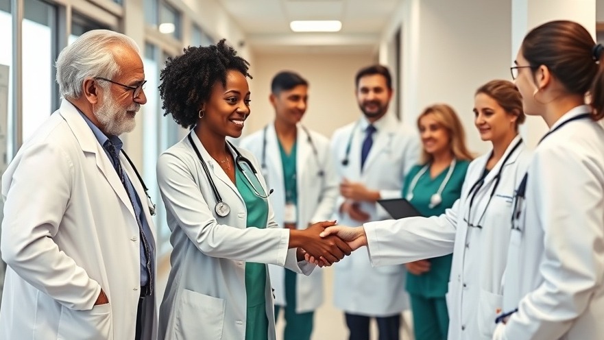 Older white doctor welcoming a young black female doctor to address physician shortage in primary care.