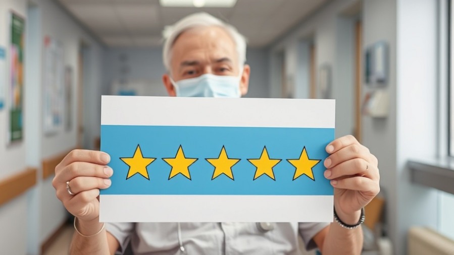 Patient expressing trust in healthcare organizations with a 5-star approval sign.