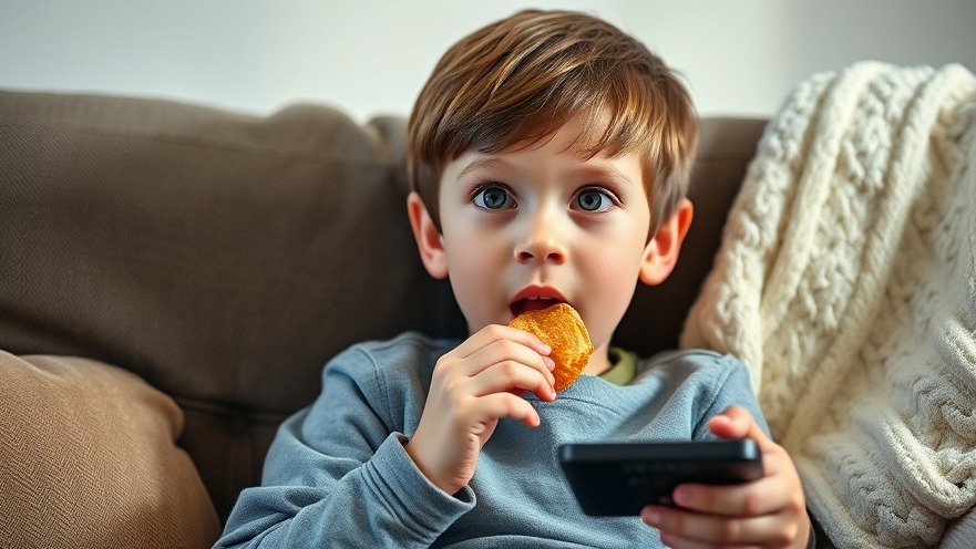 Young boy eating chips on couch, symbolizes childhood obesity awareness.