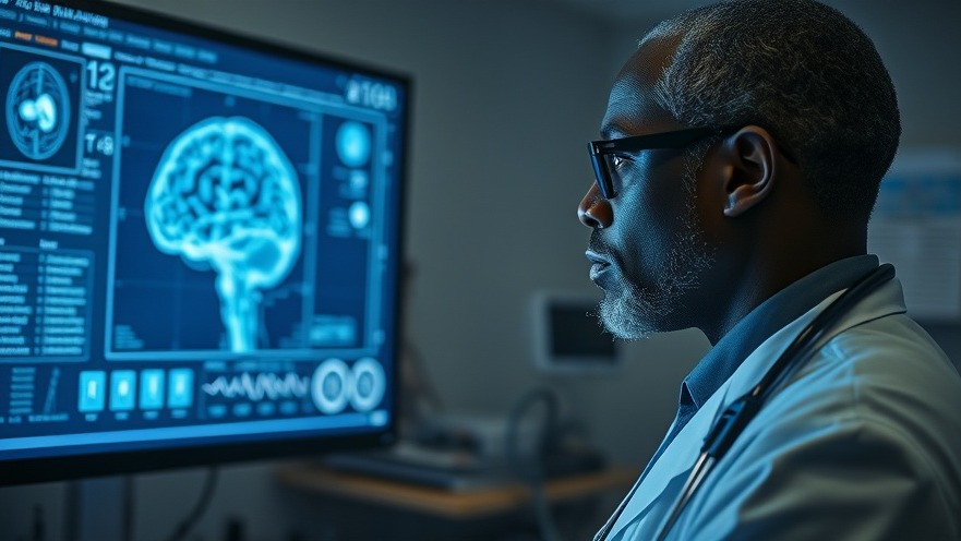 Middle-aged black doctor studying brain image in medical office, promoting brain health awareness.