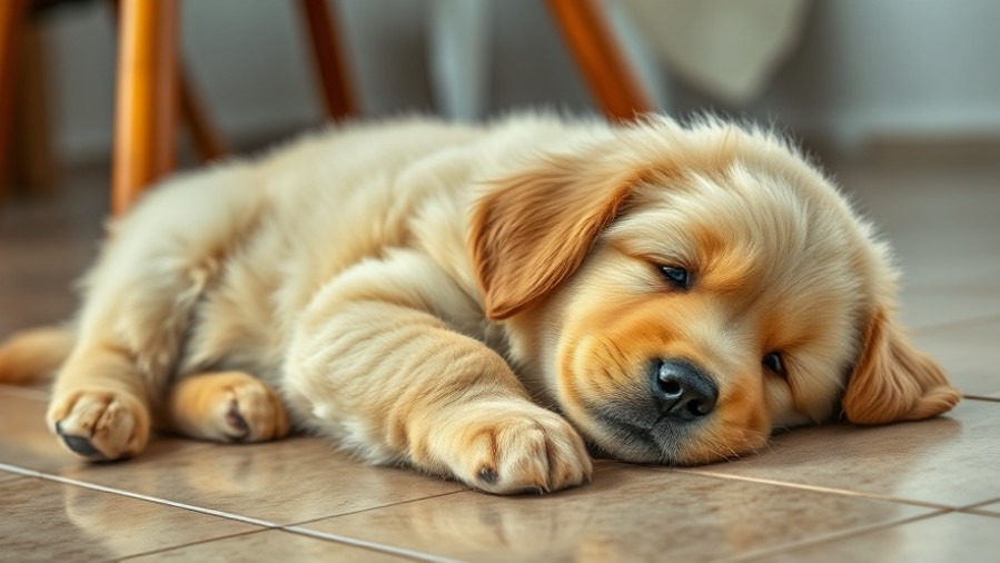Fluffy golden puppy lounging indoors, ideal for daily exercise tips or quick home workouts.