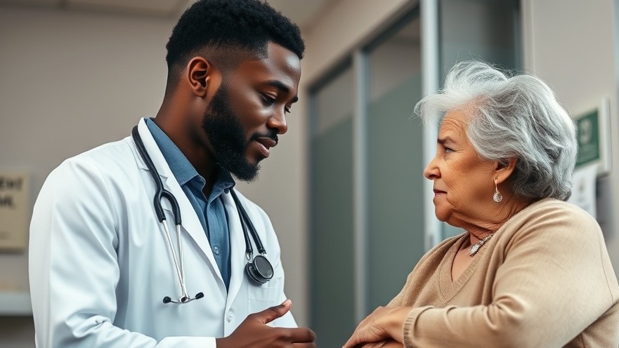 A black doctor demonstrating empathy in healthcare while supporting a confused middle-aged Hispanic patient.