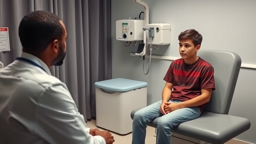 Adolescent boy discussing mental health challenges with a black doctor in a healthcare setting.