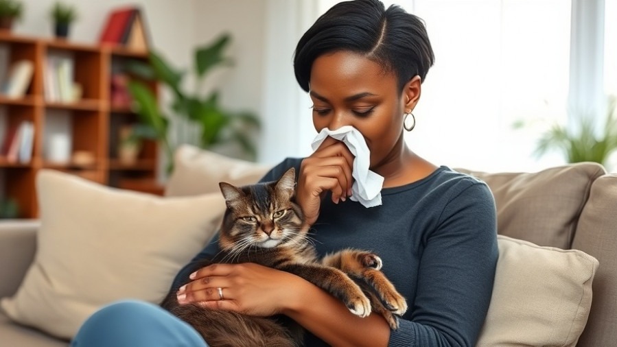 Black woman with cat managing allergy symptoms in her living room.