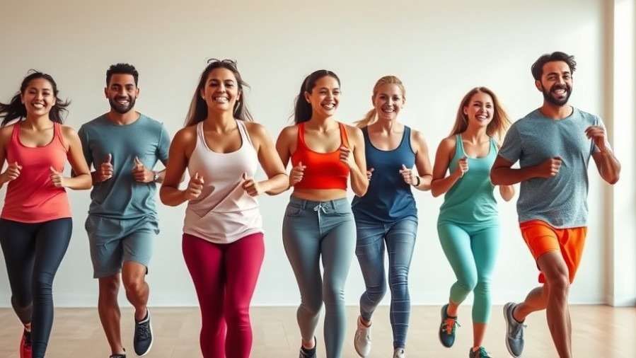 Diverse group enjoying a walking workout in vibrant fitness attire, promoting fitness at home.