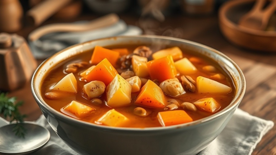 Warming foods: hearty soup with carrots, potatoes, and turmeric in a cozy kitchen.