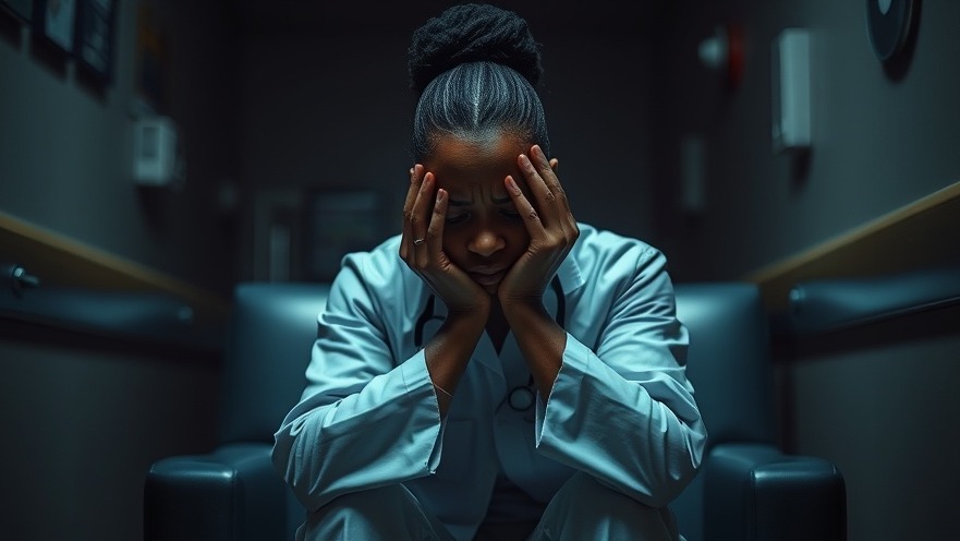 Black female doctor in distress, highlighting mental health awareness and workplace stress.