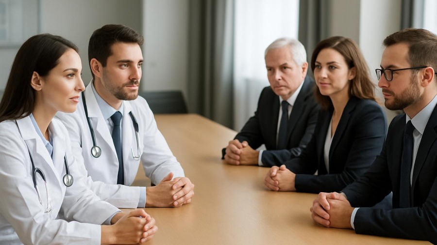 Doctors discussing physician negotiation strategies with hospital board members.