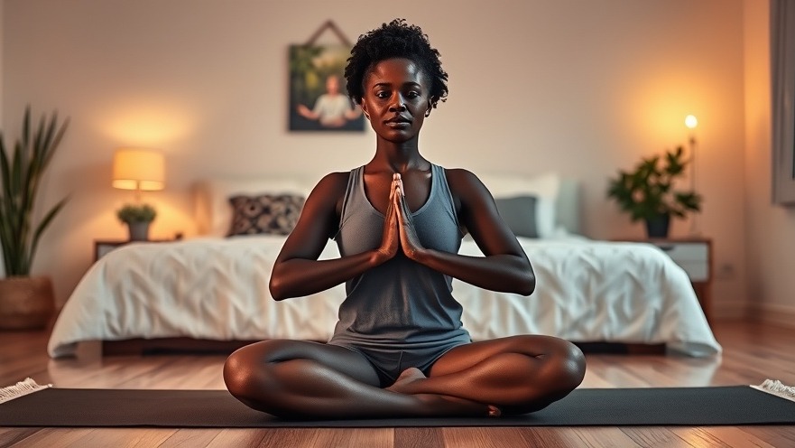 Black middle-aged woman practicing beginner yoga poses in warm-lit bedroom.