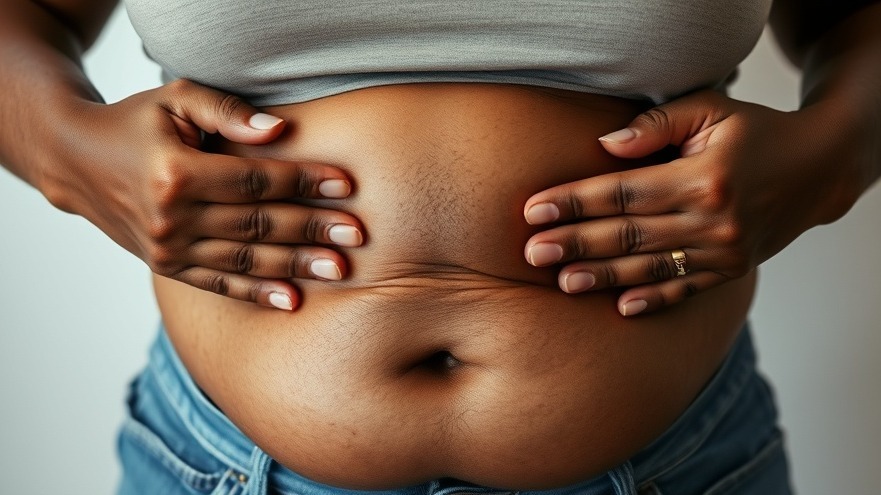 Overweight black female evaluating tummy skin, showcasing GLP-1 health effects.