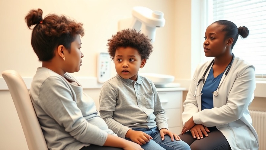 Child with spots in doctor's office discussing health trends with his mother and a doctor.