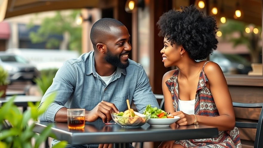 Black couple enjoying lunch at an outdoor cafe, supporting metabolic health and circadian rhythms.