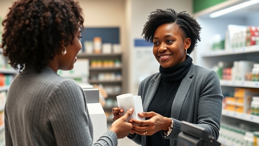 Black woman shows gratitude at pharmacy counter for mifepristone safety.
