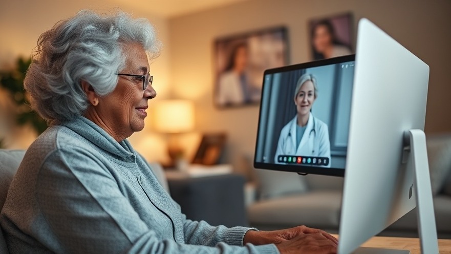 Elderly woman using telehealth services on a computer with a black care provider.