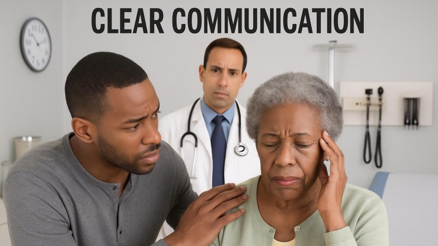 A son comforts his worried mother in a bright examination room, highlighting patient care.
