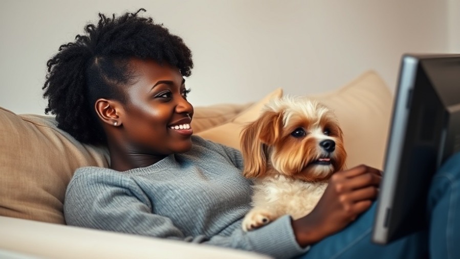 Black woman with dog relaxing on couch, embodying calm fitness trends 2025.
