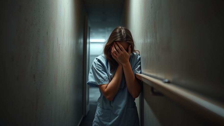 A nurse in distress in a stairwell, highlighting the urgent need for healthcare workers' safety.