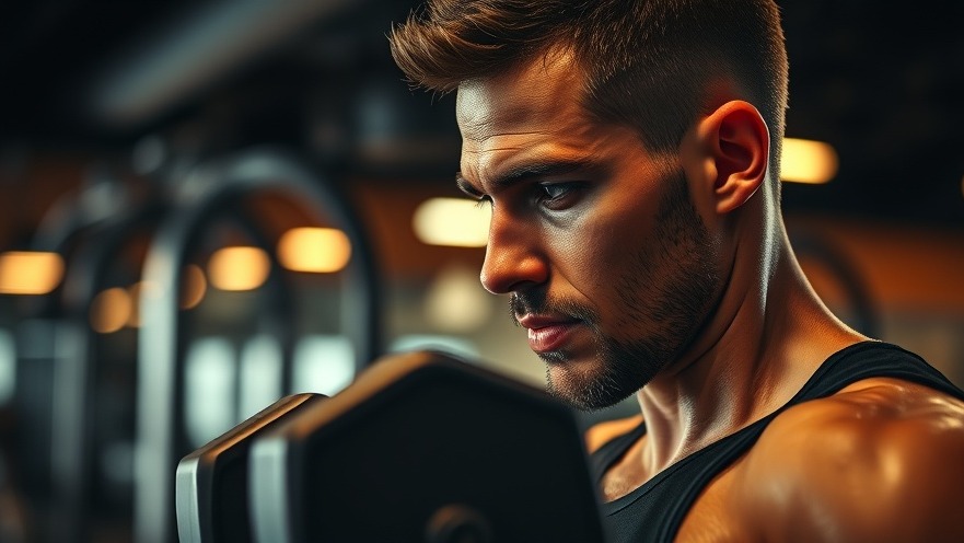 Male lifting dumbbell in a modern gym, showcasing a health lifestyle with dynamic sweat.