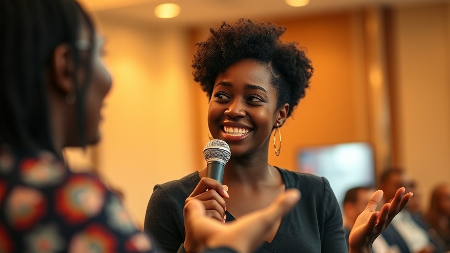 Smiling black speaker discussing mental health awareness in a warm-toned conference.
