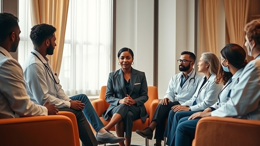 Diverse healthcare professionals discuss mental health and burnout prevention.