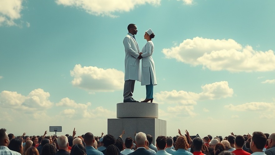 A black doctor and nurse on a pedestal, depicting hero worship in healthcare.