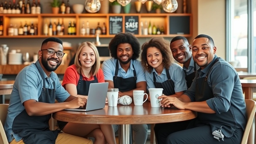 Diverse restaurant staff celebrating digital marketing success at a table.