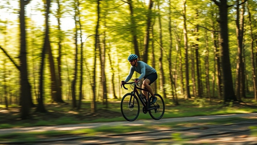 Cyclist racing in the woods, showcasing health benefits of cycling and incremental improvement.