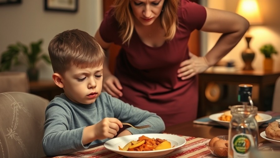 Mother encourages healthy eating habits at dinner, addressing disordered eating.