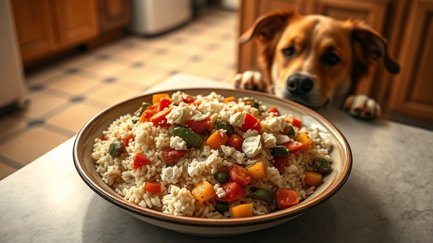 Cozy kitchen scene with a delicious meal and a curious dog, perfect for daily exercise tips.