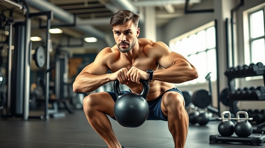 Fit man performing kettlebell squats, showcasing health optimization and wellness trends.