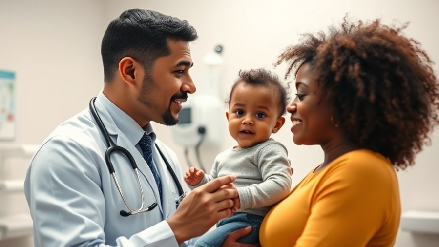 Hispanic doctor provides compassionate care to a Black mother and child in a bright exam room.