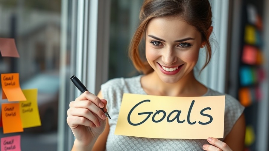 Smiling woman with sticky notes creating goals, representing a health lifestyle.