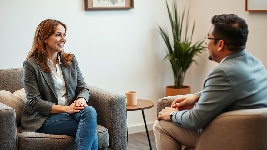 Middle-aged professional woman consulting a Hispanic counselor on physician burnout.