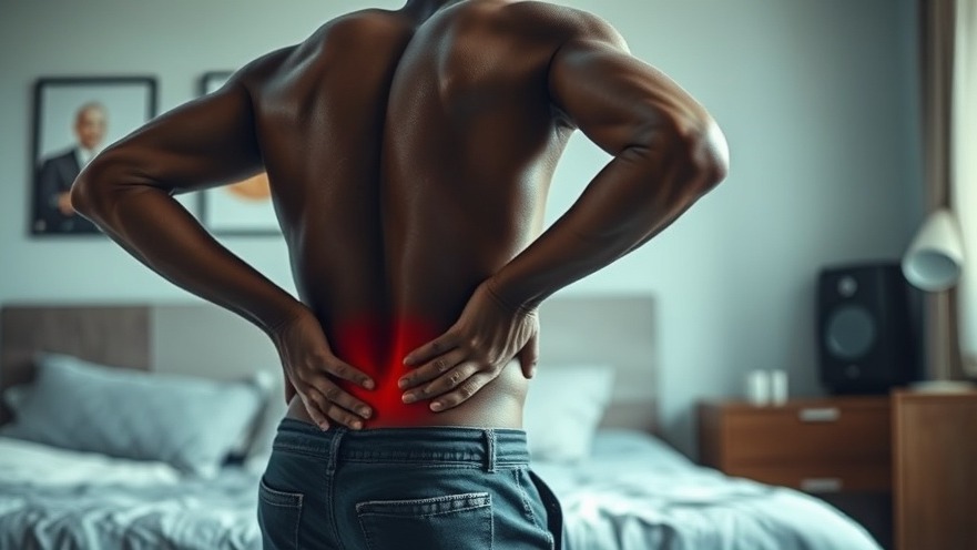 Middle-aged black man in bedroom, experiencing back pain, reflecting health lifestyle.