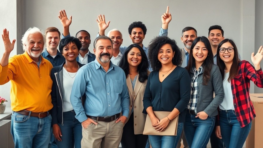 Diverse group of excited workers, celebrating their new insurance coverages.